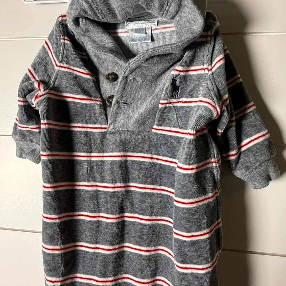 Ralph Lauren Infant Velour Sleeper Gray with White & Red Stripes 3 Months
